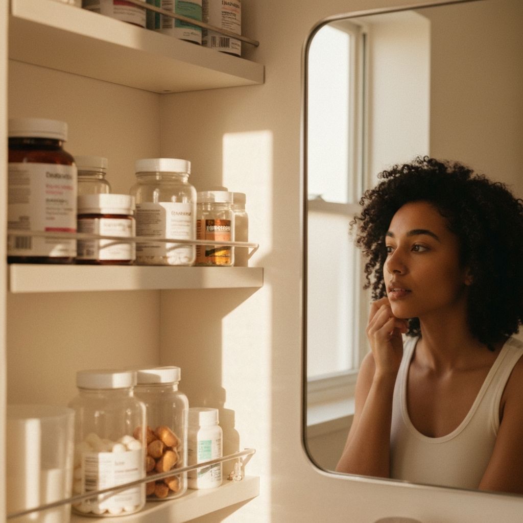 Spiegelbild im Badezimmer mit organisierten Nahrungsergänzungen auf Regal