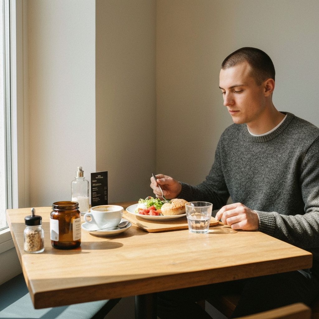 Café-Tisch mit Mittag, Kaffee und Supplement-Glas bei Tageslicht
