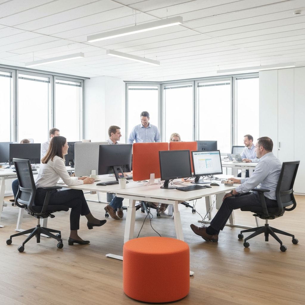 Kreatives Team-Arbeitsumfeld mit Wellness-Projekt, helles Büro